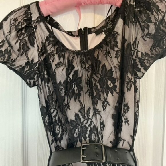 Mango black/blush cocktail lace dress with belt, short sleeves size xs - Picture 7 of 11